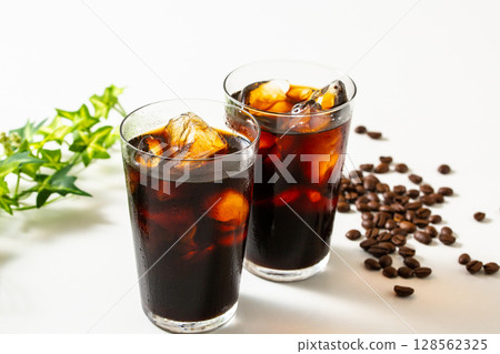 Iced coffee and coffee beans Iced coffee and coffee beans 128562325