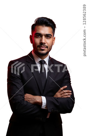 A Latinx male leader in bold crimson, arms confidently crossed, glowing light beams symbolizing his innovative approach to global expansion 128562389