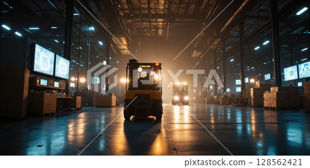Overnight Logistics Operations A vast e-commerce fulfillment center during night shift operations, with forklift lights creating streams of movement through 128562421
