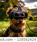 an AI Image Generator, Dog Wearing Virtual Reality Headset and Sitting on Sofa 128562424