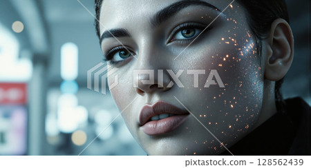 Woman Face Portrait Glowing Beauty Futuristic Lights Indoor During Day Art 128562439