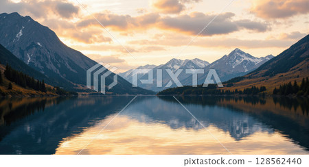 Mountains Lake Sunset Reflections in Calm Mountain Lake at Dusk 128562440