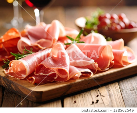 Cured prosciutto and cheese slices, a gourmet meat appetizer 128562549