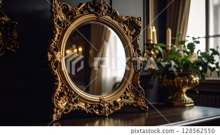 Close-Up of Elegant Antique Mirror and Candle Holder 128562550