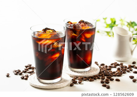 Iced coffee and coffee beans Iced coffee and coffee beans 128562609