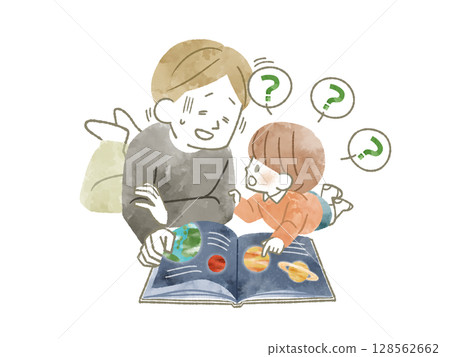 一名男子被孩子問了一連串問題──水彩畫 一名男子被孩子問了一連串問題──水彩畫 128562662