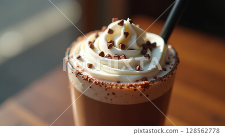 Cold Chocolate Milkshake, Whipped Cream and Sprinkles Macro 128562778