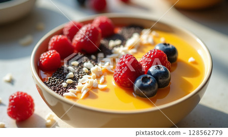 Mango Smoothie Bowl with Fresh Berries, Chia Seeds, and Coconut in Morning Light 128562779