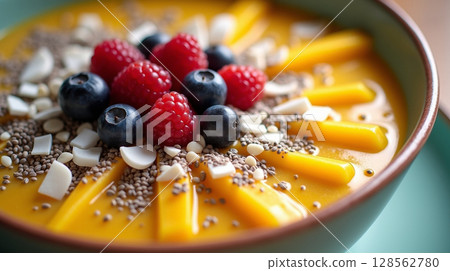 Mango Smoothie Bowl with Raspberries, Blueberries, and Coconut Toppings in Sunburst Arrangement 128562780