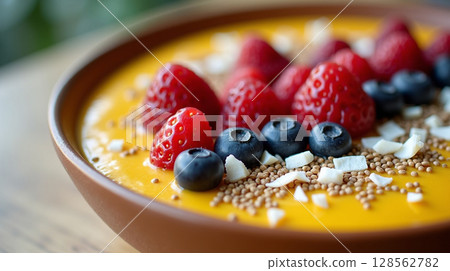 Colorful Mango Smoothie Bowl with Fresh Berries and Coconut Flakes Colorful Mango Smoothie Bowl with Fresh Berries and Coconut Flakes 128562782