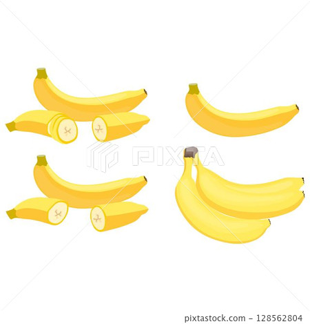 Vector illustration of bunches banana in cartoon flat style. Sweet yellow and green fresh banana fruit bright healthy food for diet or vegetarian isolated on white background. Vector illustration of bunches banana in cartoon flat style. Sweet yellow and green fresh banana fruit bright healthy food for diet or vegetarian isolated on white background. 128562804