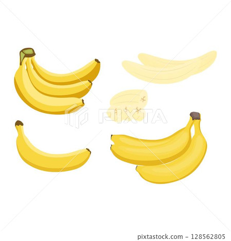 Vector illustration of bunches banana in cartoon flat style. Sweet yellow and green fresh banana fruit bright healthy food for diet or vegetarian isolated on white background. Vector illustration of bunches banana in cartoon flat style. Sweet yellow and green fresh banana fruit bright healthy food for diet or vegetarian isolated on white background. 128562805