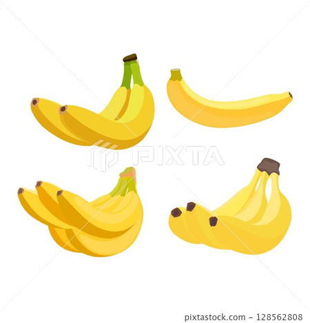 Vector illustration of bunches banana in cartoon flat style. Sweet yellow and green fresh banana fruit bright healthy food for diet or vegetarian isolated on white background. 128562808