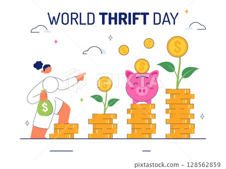 World Thrift Day Vector Illustration with a Piggy Bank and Coins, Representing Saving, Financial Literacy, and Economic Stability in a Background World Thrift Day Vector Illustration with a Piggy Bank and Coins, Representing Saving, Financial Literacy, and Economic Stability in a Background 128562859