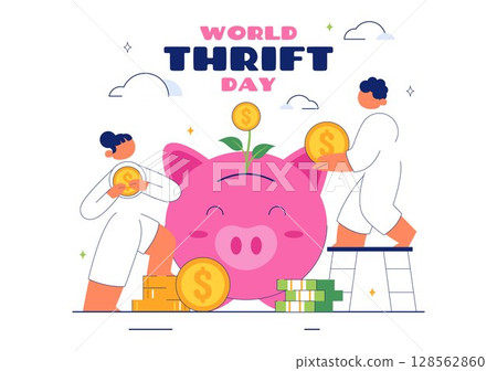 World Thrift Day Vector Illustration with a Piggy Bank and Coins, Representing Saving, Financial Literacy, and Economic Stability in a Background World Thrift Day Vector Illustration with a Piggy Bank and Coins, Representing Saving, Financial Literacy, and Economic Stability in a Background 128562860