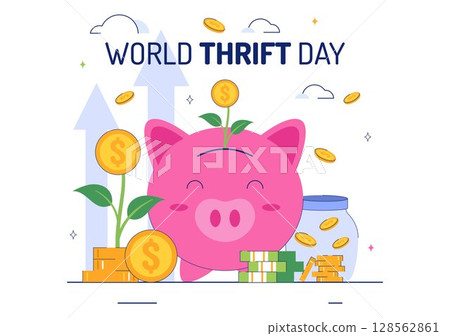 World Thrift Day Vector Illustration with a Piggy Bank and Coins, Representing Saving, Financial Literacy, and Economic Stability in a Background World Thrift Day Vector Illustration with a Piggy Bank and Coins, Representing Saving, Financial Literacy, and Economic Stability in a Background 128562861