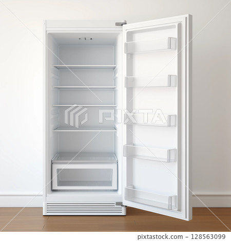 A picture of a refrigerator with the door opened, revealing the shelves inside. 128563099