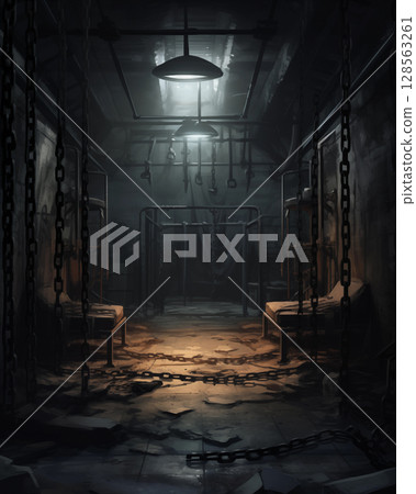 A prison cell in the basement, with a gloomy atmosphere and old tones. 128563261