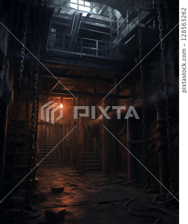 A prison cell in the basement, with a gloomy atmosphere and old tones. 128563262
