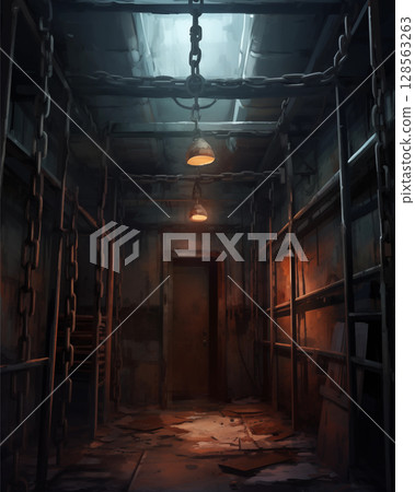 A prison cell in the basement, with a gloomy atmosphere and old tones. 128563263