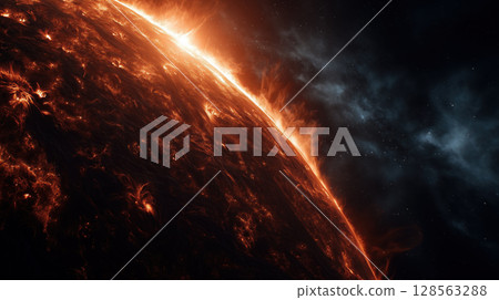 Close up view of sun surface reveals intense solar flares and fiery textures against dark space backdrop 128563288