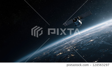 Sleek high tech artificial satellite orbits Earth, capturing stunning views of planet illuminated surface 128563297