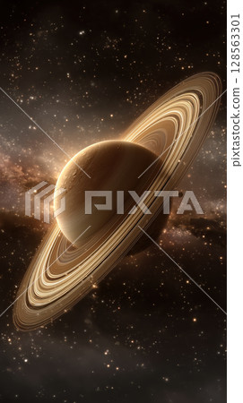 Stunning view of Saturn with its iconic rings set against backdrop of stars and asteroids, showcasing planet massive and sleek appearance 128563301