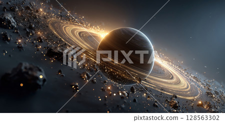 Massive brown planet with glowing rings surrounded by asteroids in space 128563302