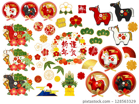 馬年新年賀卡圖示集，插圖，可愛，新年 128563329