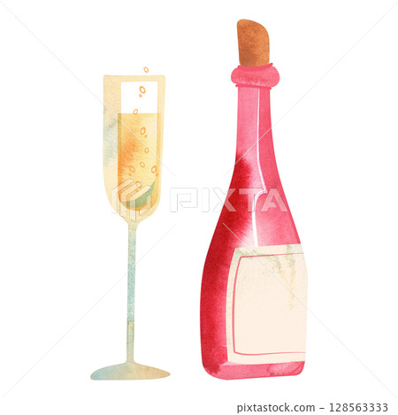 Pink glamorous bottle and glass of champagne. Feminine, girlish drink. Isolated watercolor illustration. 128563333