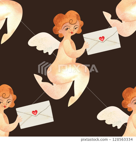 Cupid with letters in vintage style. Love mail. Watercolor seamless pattern for textile and wrapping paper for Valentine's Day or wedding 128563334