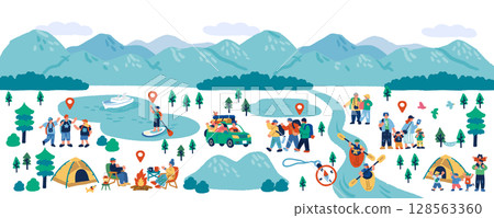 手繪插圖集山脈和享受戶外的人們 128563360