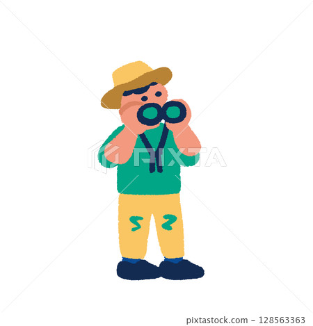 Hand-drawn illustration of a child birdwatching Hand-drawn illustration of a child birdwatching 128563363