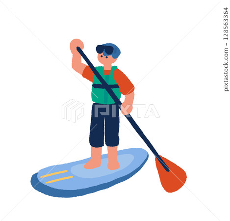 手繪插畫:一位男士正在享受 SUP 的樂趣 手繪插畫:一位男士正在享受 SUP 的樂趣 128563364