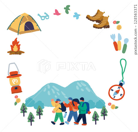 手繪夏季山區健行者的框架 128563371