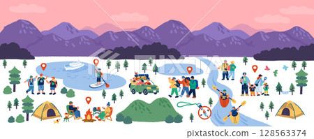 手繪插畫集日出山脈和享受戶外的人們 128563374