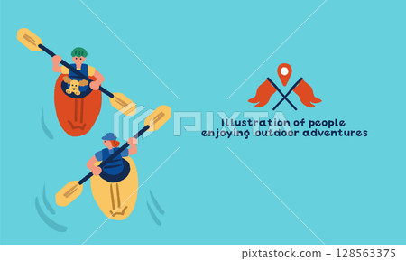 Hand drawn illustration of people enjoying kayaking Hand drawn illustration of people enjoying kayaking 128563375