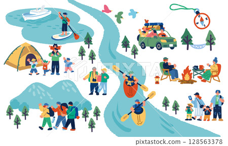 Hand-drawn illustrations of people enjoying outdoor activities such as camping and kayaking 128563378