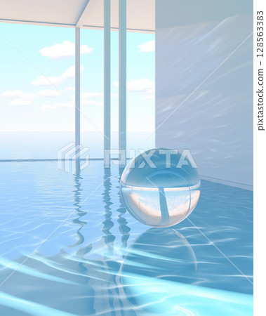 A clear glass ball in a light blue room for use as an illustration for advertising cosmetics or skincare products. 128563383