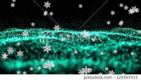 Snowflakes falling against green digital wave on black background Snowflakes falling against green digital wave on black background 128563433