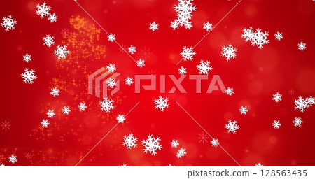Snowflakes falling against shooting star forming a christmas tree on red background 128563435