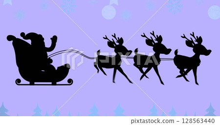 Santa claus in sleigh being pulled by reindeers against christmas hanging decorations 128563440
