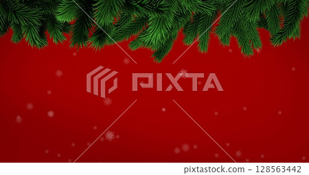 Christmas tree branches and snowflakes icons falling against red background 128563442