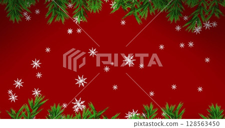 Christmas tree branches and snowflakes icons falling against red background 128563450