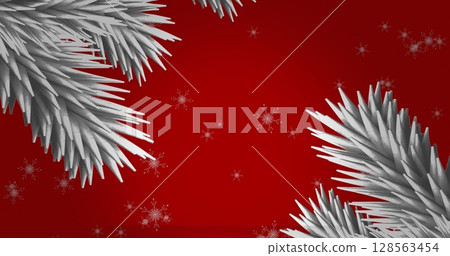 White christmas tree branches and snowflakes icons falling against red background 128563454