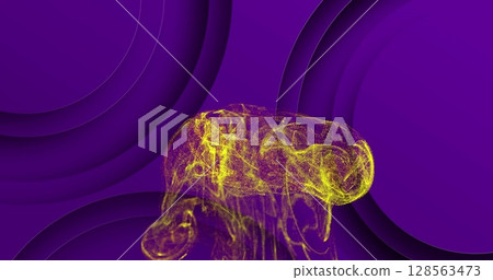 Image of moving glowing waves and shapes moving over purple background 128563473