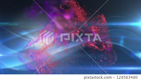 Image of moving glowing lights and waves over black background 128563480