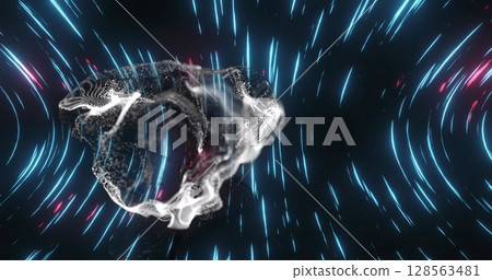 Image of moving glowing lights and waves over black background 128563481