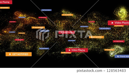 Image of social media icons over glowing moving wave Image of social media icons over glowing moving wave 128563483