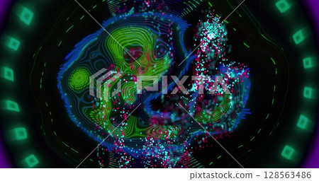 Image of moving glowing lights and waves over black background Image of moving glowing lights and waves over black background 128563486